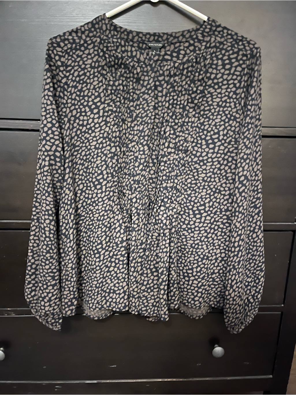 Ann Taylor Dark Navy And Dark Green Printed Long-Sleeve Blouse